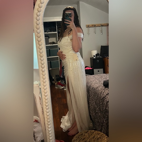 NWT LightInTheBox off the shoulder, white, sequin, floor length dress - Picture 2 of 8